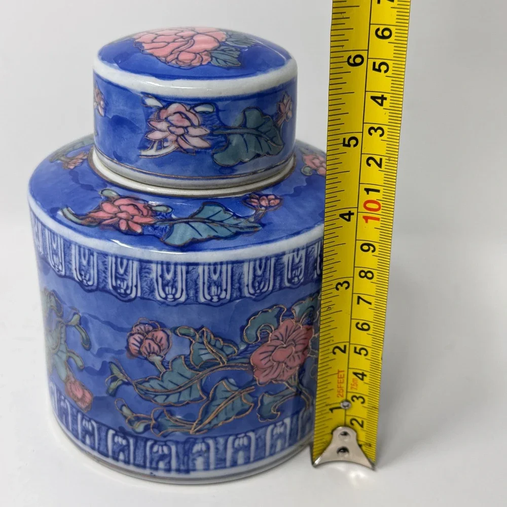 Vintage Blue Floral Ginger Jar Canister Chinoiserie Porcelain 6